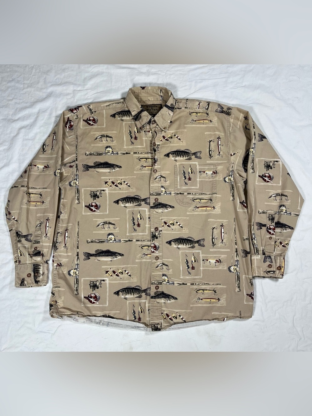 Woods & Water Outfitters Long Sleeve Button Down Mens Large Fishing Pattern